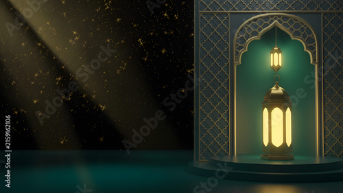 Ornate golden lanterns glowing with warm ambient light inside a majestic dark green arched architectural frame featuring intricate geometric patterns set against a deep night background decorated