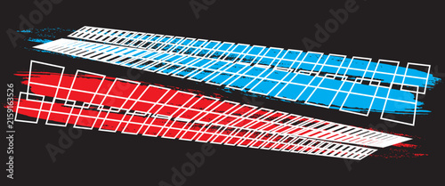 Abstract racing tire track vector with red and blue grunge brush elements on a black background.
