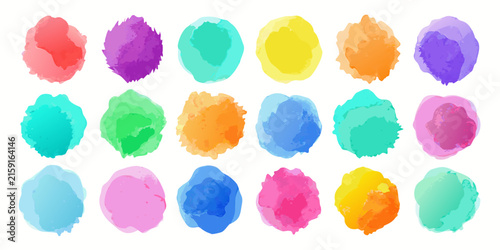 A grid of twenty four round, soft edged paint blobs in various pastel and bright colors creates a cheerful and decorative pattern against a white background.