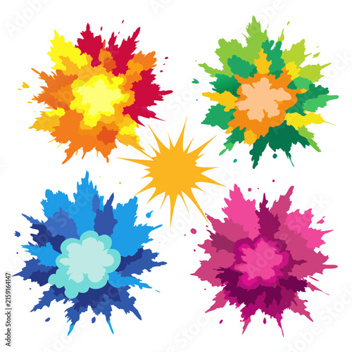 Four distinct colorful paint bursts arranged in a grid formation with a bright yellow sunburst in the center.