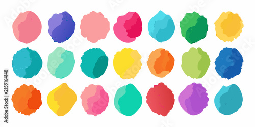 A collection of fifteen distinct colorful paint splatters arranged in a grid like pattern on a white background, showcasing individual bursts of playful hues.