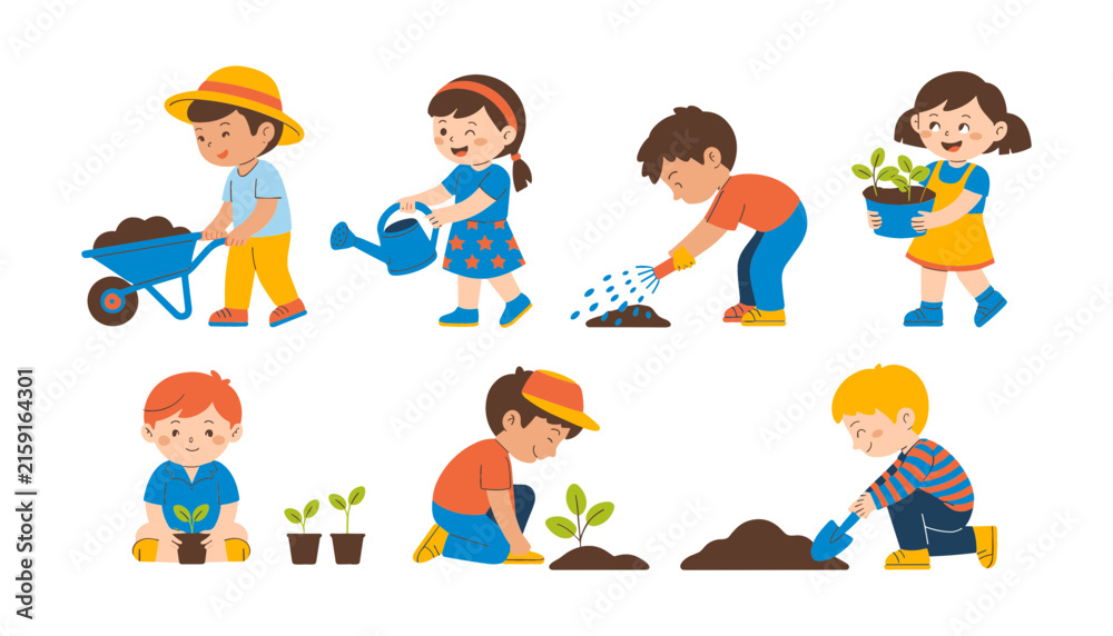 Fototapeta premium Kids Gardening Vector Character Set with Cute Children Planting Seedlings, Watering Flowers, Digging Soil, and Using Wheelbarrows for Eco Education and Spring Designs