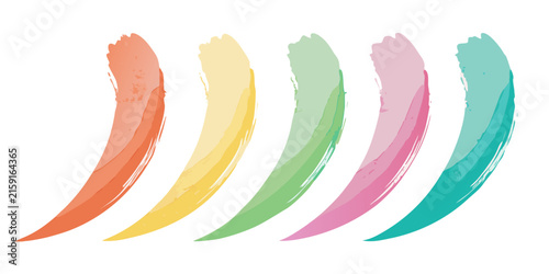 Five curved, brushstroke like shapes in varying pastel colors are arranged in a subtle ascending line against a white background, suggesting gentle motion and artistic flourish.