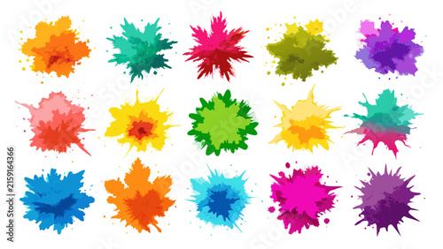 Fifteen small, abstract paint splatters in various bright colors are presented in three rows on a white background, offering a versatile collection of artistic design elements.