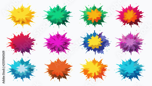A grid of 12 distinct, colorful paint splatters are arranged in three rows against a white background, providing a variety of abstract artistic elements for design use.
