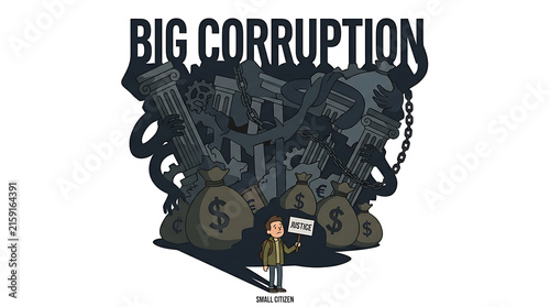 Illustration of a small person facing a large pile of money and dark shadowy figures representing corruption.