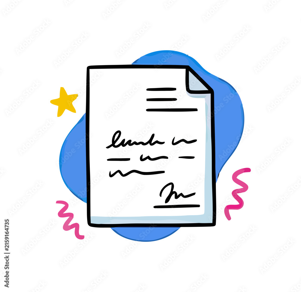 Fototapeta premium A doodle of a document with scribbles and a star while a blue blob swirls around it