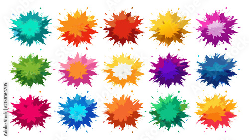 A vibrant collection of colorful powder explosions arranged in neat rows on a clean white background, perfect for festive and artistic themes.