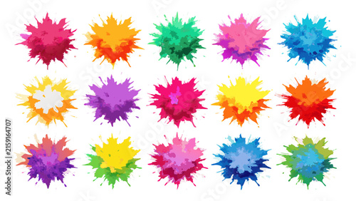 A dynamic arrangement of colorful powder bursts, presented in rows against a stark white background, evoking a sense of celebration and artistic flair.