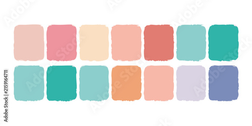 A palette of twelve rounded squares showcases a soft and muted color scheme in pastel and light tones on a white background.