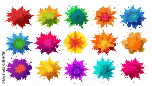 A collection of fifteen diverse and distinct powder paint explosions are neatly arranged in a grid formation on a white background.