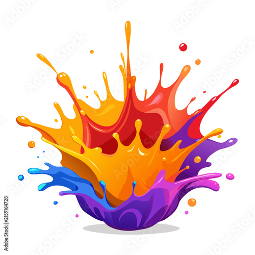 A dynamic and voluminous splash of rich liquid paint erupts in shades of red, orange, and purple, frozen mid air on a white background.