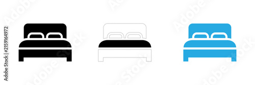 A set of three bed icons in black outline and blue styles for hotel and furniture design