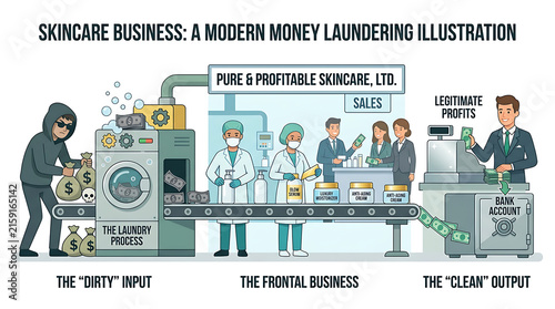 Skincare Business Money Laundering Illustration Showing Dirty Input Frontal Business and Clean Output.