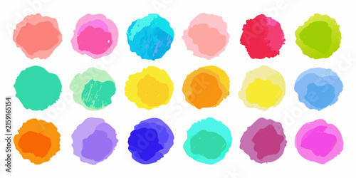 A collection of fifteen vibrant, starburst shaped paint splatters in various vivid colors arranged in a grid on a white background.