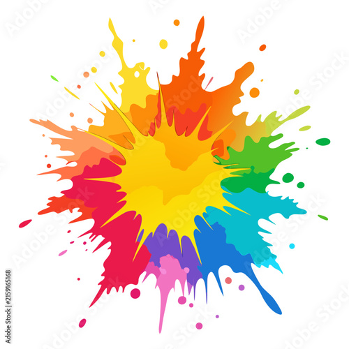 A central yellow sunburst effect is surrounded by radiating splatters of various bright colors on a white background.