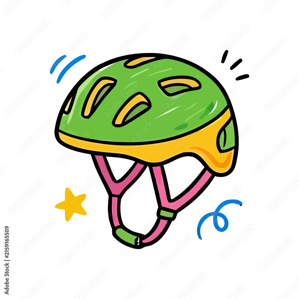 Fototapeta premium A green and yellow bicycle helmet with pink straps and playful decorations suggests safety and fun outdoors