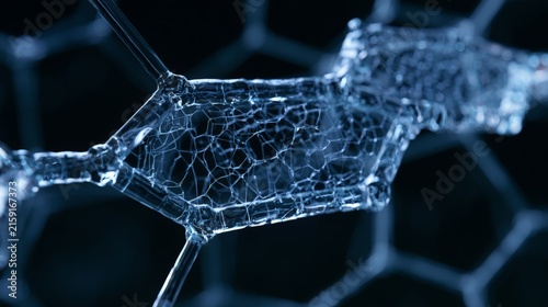 Close-up of molecular structure showcasing interconnections and transparent textures.