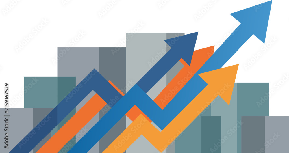 Fototapeta premium Abstract Corporate Vector Graphic of Upward Moving Financial Growth Arrows and Bar Chart Concept