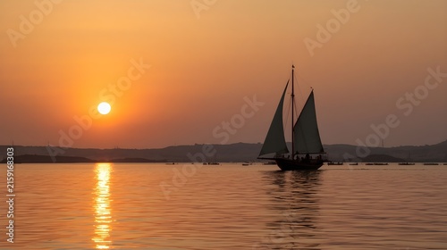 Silhouette of Traditional Wooden Sailboat Sailing on Calm Ocean Water Against Golden Sunset Horizon