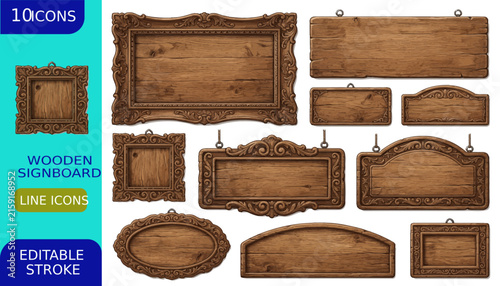 Quadro su tela Set of 10 ornate, distressed wooden signboards and decorative frames, featuring intricate carvings and rustic textures, ideal for vintage design projects