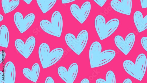 Seamless pattern with hand drawn blue hearts on hot pink background. Vibrant y2k indie aesthetic wallpaper with light blue doodle hearts