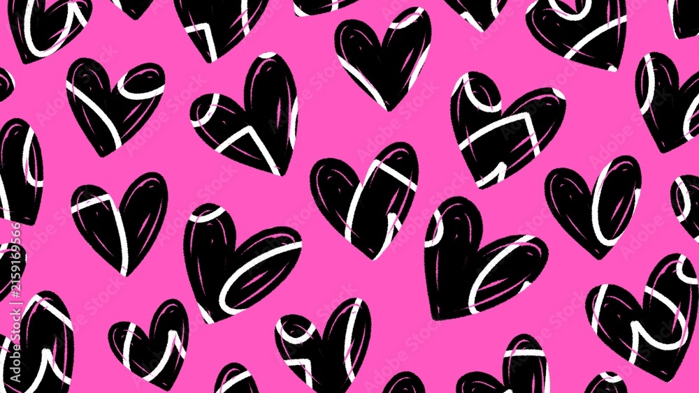 Trendy Y2K grunge heart pattern seamless background for wrapping paper. Funky abstract doodle hearts seamless wallpaper in neon pink and black