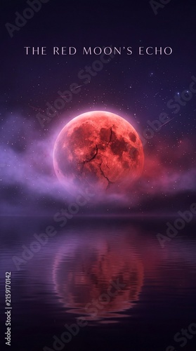 A massive cracked red moon hovering over a calm dark ocean