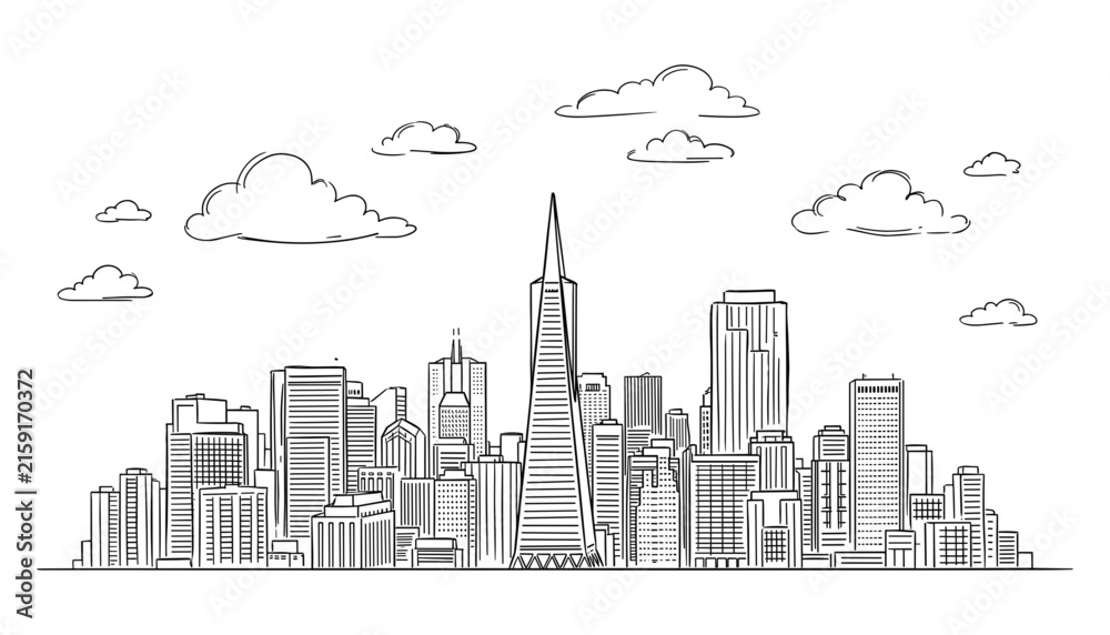 Obraz premium San Francisco inspired skyline line drawing featuring iconic pyramid shaped tower skyscraper under fluffy cartoon clouds