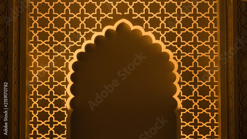 Ornate golden archway featuring traditional islamic geometric lattice patterns illuminated by warm soft ambient light creating a mystical and serene atmosphere perfect for cultural events