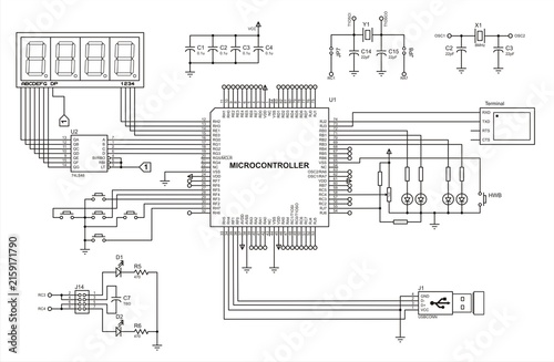 Connection of peripheral devices (terminal, keyboard, lcd display,
usb) to microcontroller. Electrical
schematic diagram of electronic device for reading and outputting data.
