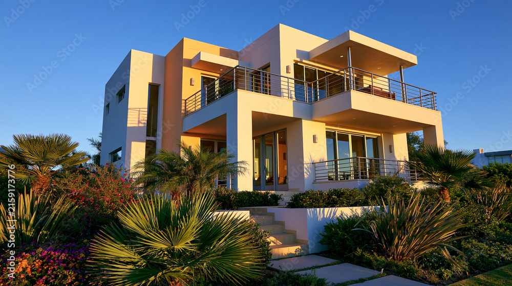 Fototapeta premium A beautiful modern luxury villa home with palm trees under a clear blue sky. This exterior shot works well for real estate and vacation lifestyle concepts.