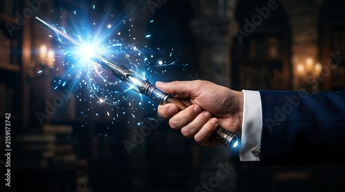 Hand holding a glowing magic wand casting blue light spells in a dark library setting