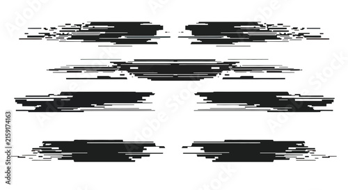 Set of abstract glitch effect brush strokes, digital distortion elements, vector design elements