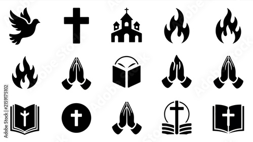 Black and white religious symbols and icons for spiritual design projects with displays collection twelve minimalist black silhouette icons representing sacred symbols