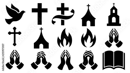 Minimalist black religious symbols vector icons set featuring crosses praying hands flame church dove with rendered bold black white contrast vector collection
