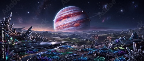Panoramic view of the landscape of an alien planet