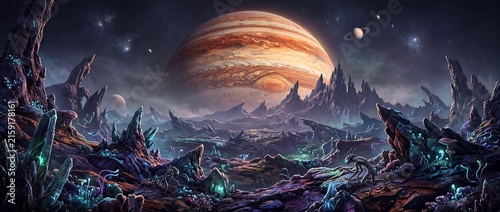 Panoramic view of the landscape of an alien planet