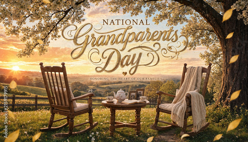 National grandparents day greeting card design with rocking chairs and tea table at sunset
