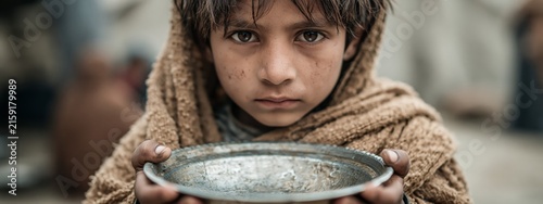 Underprivileged Child Asking for Food, Hunger Relief and Donation Concept