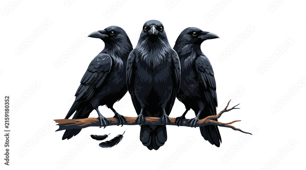 Fototapeta premium Three Black Ravens Perched on a Tree Branch Vector Illustration Set with Falling Feathers for Gothic Designs, Dark Mystery Themes, and Spooky Halloween Graphic Accents