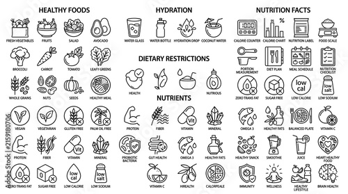 Fotografía Modern Nutrition and Healthy Food Linear Icon Collection with Calorie Counting,