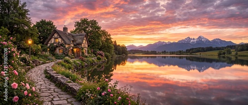 A serene rural landscape at sunset