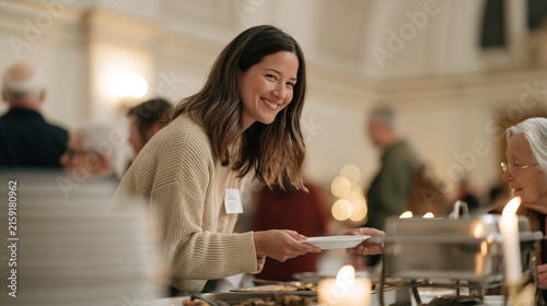 Travel blogger volunteers at a candlelit community Christmas dinner inside a grand heritage hall, warmly guiding an elderly widower through a festive buffet line,