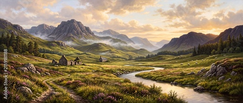A breathtaking panoramic view of the Scottish Highlands landscape.


