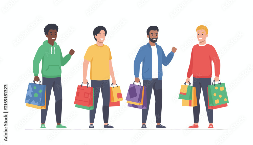 Fototapeta premium Four diverse male friends holding colorful shopping bags and smiling together on a white background.