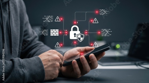 Person in hoodie holding smartphone with glowing cybersecurity lock and firewall icons in a dark tech environment Wallpaper Background image