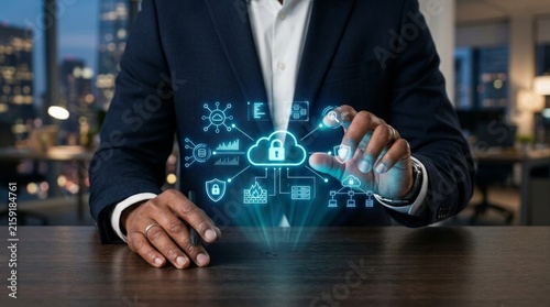 Business professional using holographic digital interface with security icons