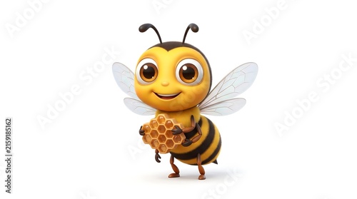 Cute cartoon honey bee character holding honeycomb, friendly 3D bumblebee mascot, cheerful yellow insect on white background