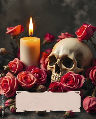 A warm candle flickers beside a skull, all set among vibrant dried roses. A blank card offers space for a special message, creating a striking and thoughtful display. AI generated